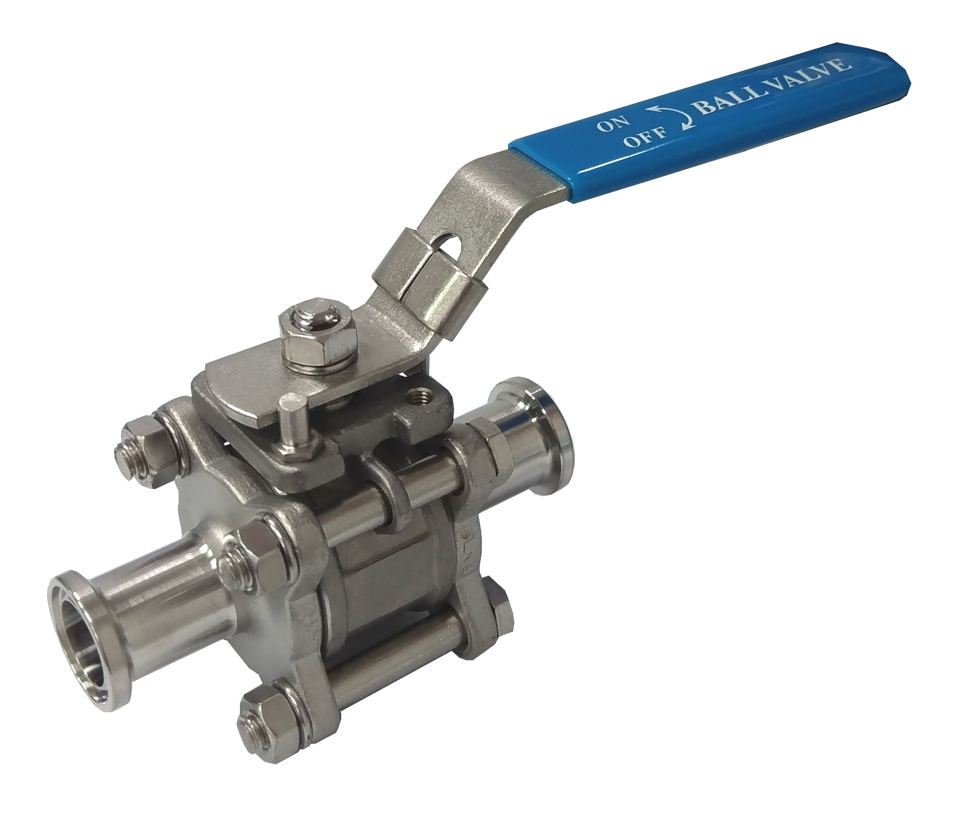 three piece full port ball valve sanitary clamp ends with mounting pad